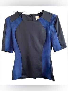 H&M Faux Suede & Scuba Short Sleeve Peplum Top In Blue & Black Sz 8/10 ✨NWT✨